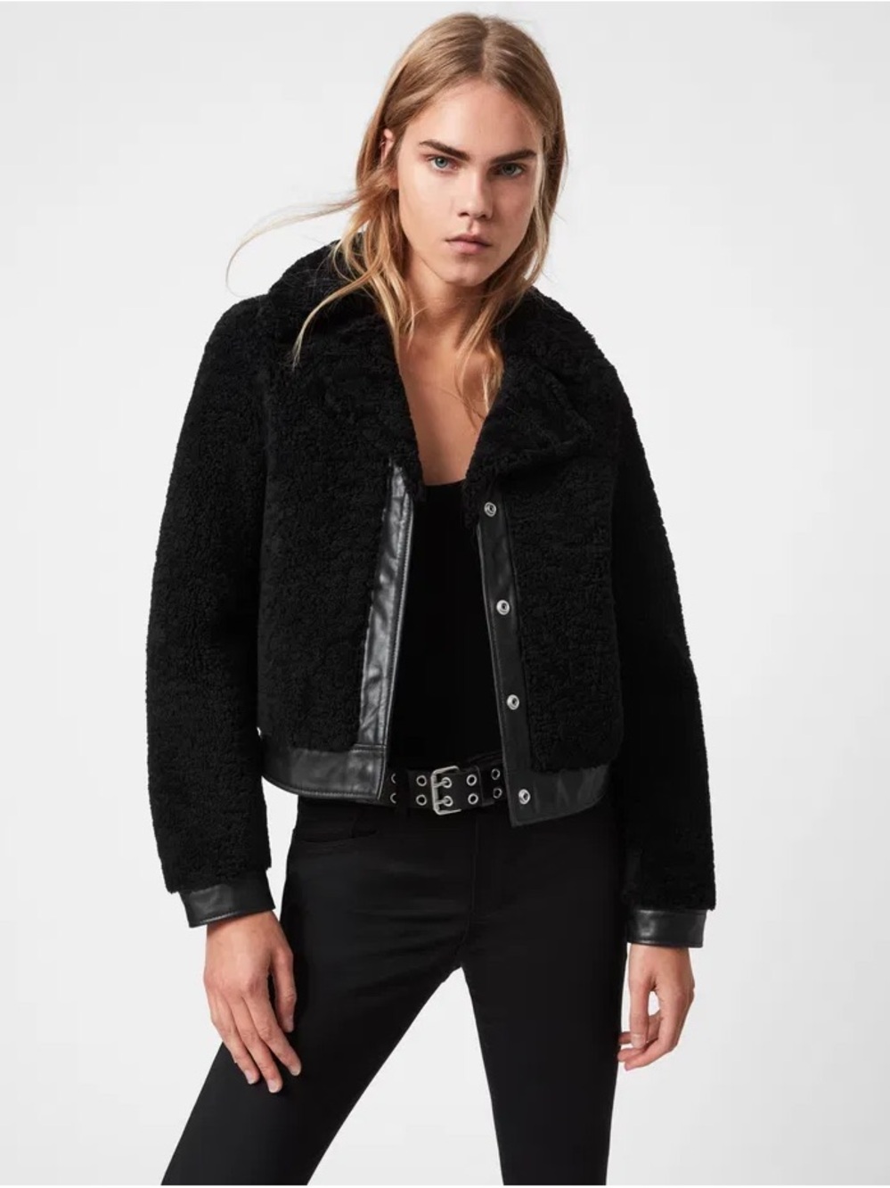AllSaints Madsen Shearling Jacket with Leather Trim
